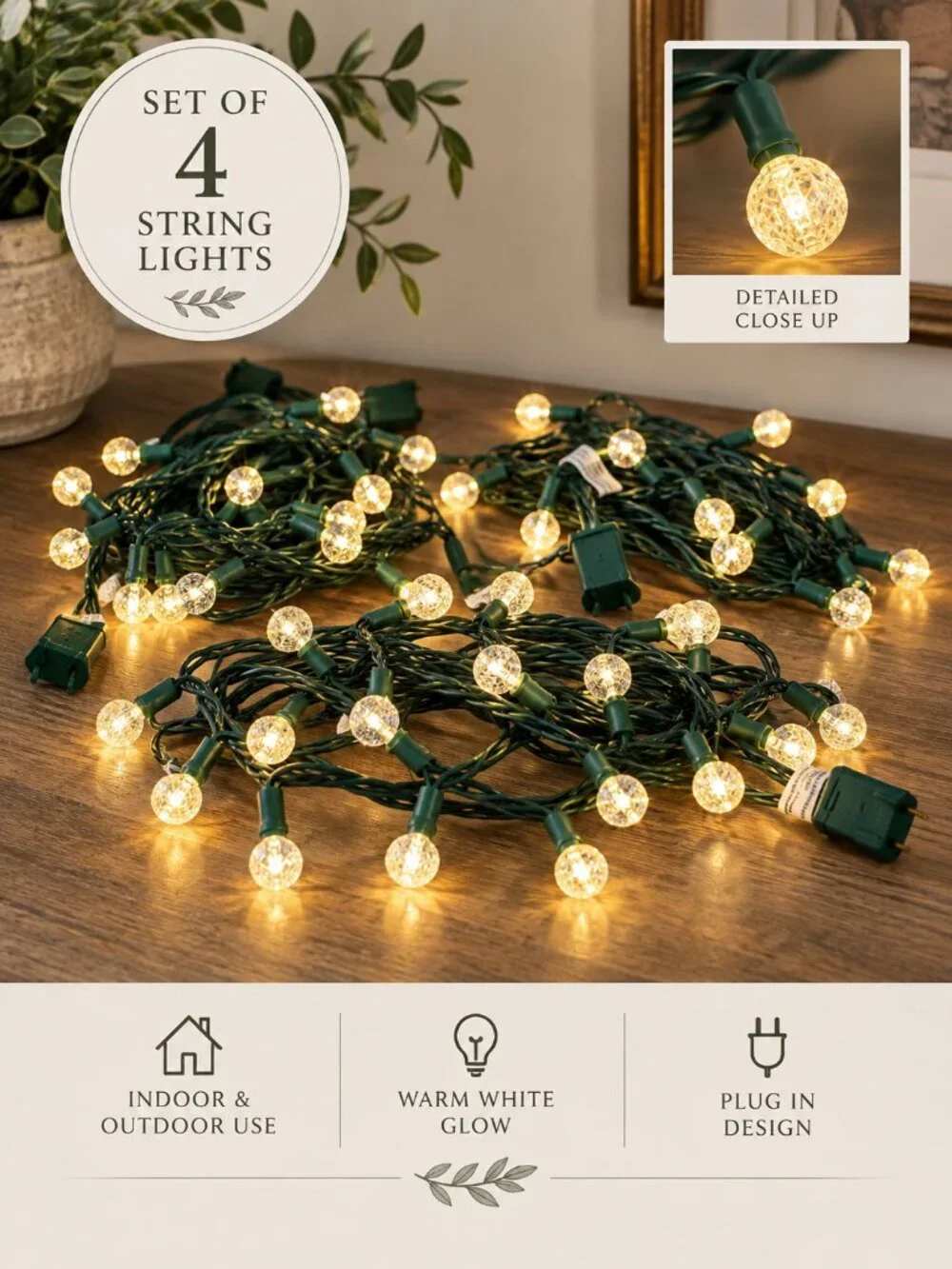 Warm White Globe Christmas String Lights Green Wire Indoor Outdoor
